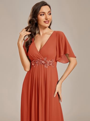 Image of Ever-Pretty Womens V Neck Applique Mother of the Bride Dresses Formal Dress | Chiffon, Short Sleeves, Ruched, A-Line, Bridesmaid Dresses, Formal Gown, Black Tie Dress