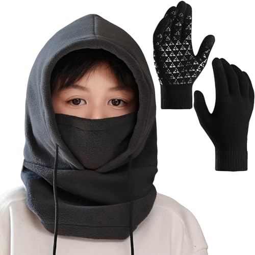 Kids Balaclava Winter Hat Set, Fleece Ski Face Mask with Touchscreen Anti-Slip Warmer Gloves for Boys Girls 3-8 8-12Y