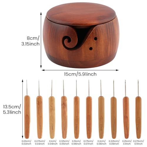 Image of Balana DIY Knitting Wool String Multifunctional Wooden Yarn Bowl Include 10 Crochet Hooks, Yarn Bowls with Lid for Knitting Crochet Yarn Ball Holder Handmade Yarn Storage Bowl, Dark browm, 22352197