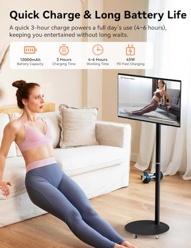 Image of HotYeah Portable Smart TV on Wheels, EDLA-Certified, 23.8 inch 1080P 2-in-1 Rolling TV & Monitor, w /Built-in 10000mAh Battery, Support Voice Control, USB-C & HDMI, Full Swivel Rotation (Black)