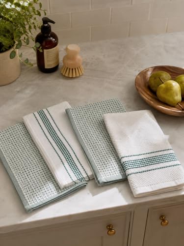 Image of Kitchen Towels, Cotton Hand Towels White & Turquoise Mini Weaved Stitched Design 4 Pack Absorbent Hand Drying Cloths, 18 x 28 Kitchen Linens