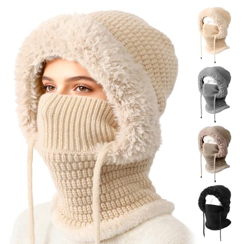 3 in 1 Beanie Hat for Women 3 in 1 Beanie Hat with Scarf and Mask Knitted Ski Scarf and Mask Set Womens Knit Beanie Hat (Beige)