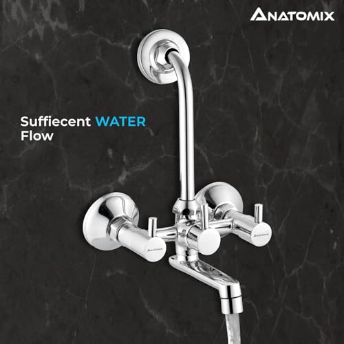 Image of ANATOMIX Slim Brass Wall Mixer for Bathroom with Stainless Steel 125mm Long L-Bend Provision for Overhead Shower, Chrome Finish (Bath Mixer System)