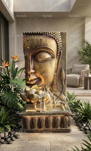 Image of Big Kamal White Buddha Fiber Indoor Outdoor Fountain with Led Lights for Home Decor and Office Decoration Or Gifting (37 cm X 28 cm X 81cm) (Face Buddha Copper)