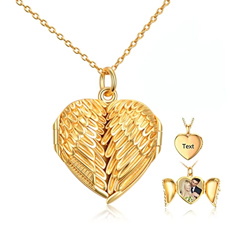 GEHN 10K 14K 18K Solid Gold Personalized Angel Wing Locket