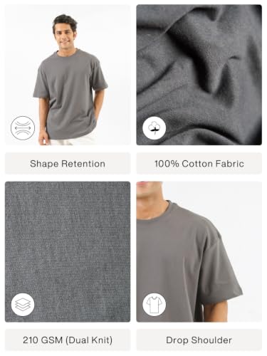 Image of SAADAA Men's Oversized Cotton T-Shirt | 210 GSM Heavyweight Fabric | Drop Shoulder | Dual Knit | Comfortable Casual Wear | Solid Colors