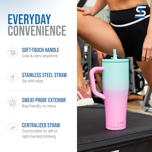 Image of Ice Shaker 40 oz Tumbler with Handle and Straw | 40oz Pink Mint | Cold for 30+ Hours | 2-in-1 Tumbler Shaker Bottle | Odor-Free 40 ounce Bottle for Water, Protein Shakes, Smoothies, Cocktails