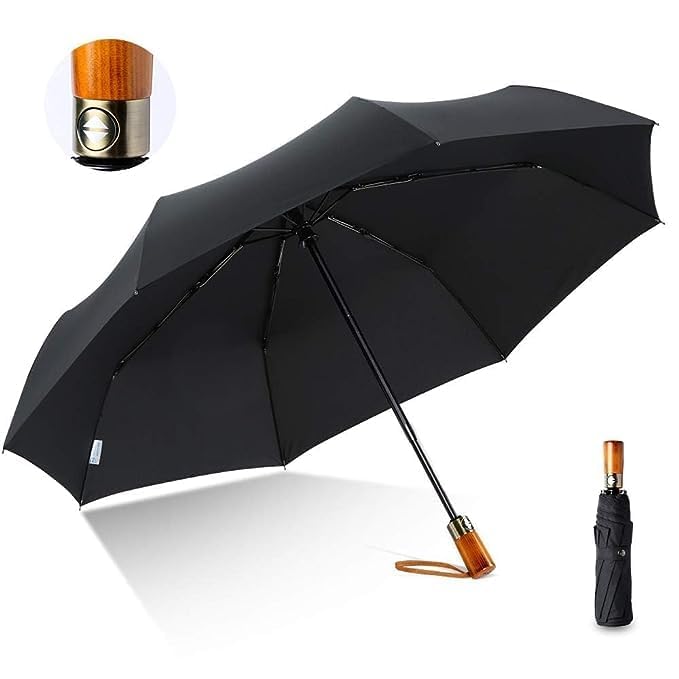 Windproof Folding Travel Umbrella Compact and Strong Luxurious Real Wood Handle Automatic Open Close, LightWeight Waterproof Unbreakable Umbrellas for Men and Women-image-13
