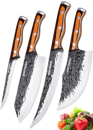 Comparison: Best Knife For Meat 10 Naitesen 4PCS Hand Forged Butcher Knife and Kitchen Knife 2 in 1 Set, Heavy Duty Meat Cleaver Serbian Chef Knife Breaking Knife Boning Knife for Meat Cutting BBQ Gifts for Men Women