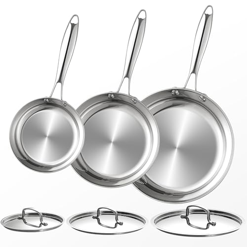 USELUCK Stainless Steel Frying Pan Sets 6 Piece 8, 10 & 12 Inch with Lids, Oven & Dishwasher Safe Fast and Even Heating Stay Cool Handles Non-toxic PFOA Free Stir Fry Pan Skillets Sets