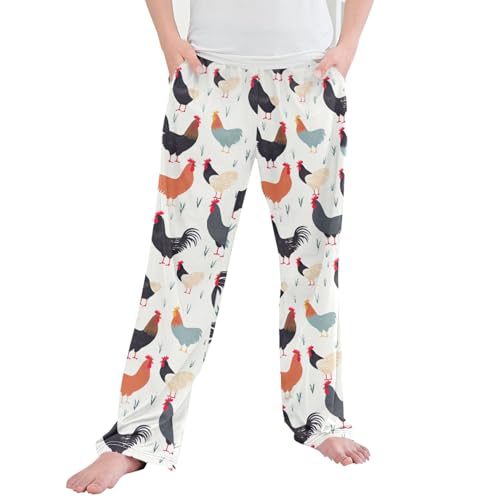Rooster Hens Long Pajama Pants Elastic Waist PJ Bottoms with Pockets S A111976