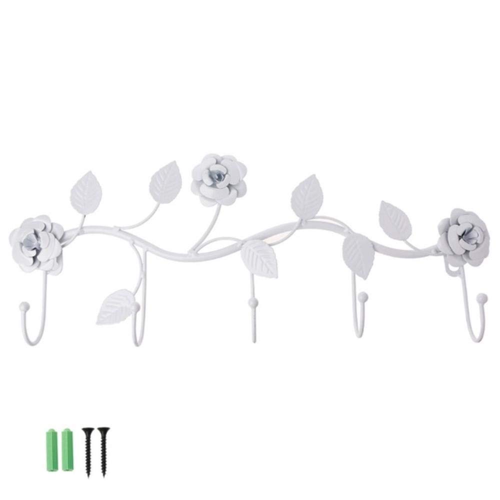 TTYAC Vintage Iron Rose Leaves Hook Coat Hat Bag Hanger Organizer Holder Wall Decor,White