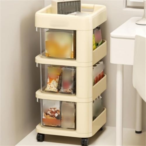 Multi-Layer Snack Cart with Wheels Sturdy Removable Storage Cart Transparent Drawers Grooved Tray for Kitchen Dorm Bathroom All Occasion(Beige,3 Tier)