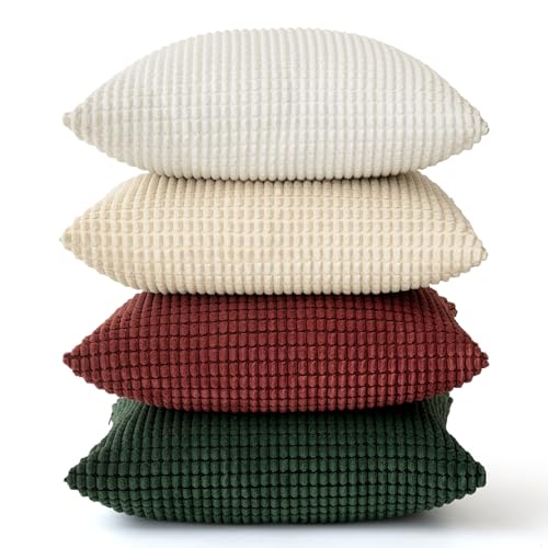 MIULEE Boho Farmhouse Throw Pillow Covers 18x18 Inch Set of 4 Soft Neutral Pillow Covers Christmas Red and Green Corduroy Couch Pillowcases Home Decor for Sofa Living Room Bed