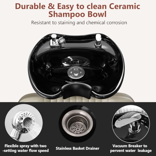 Image of Shampoo Bowl and Chair Set for Salon,Backwash Chair with Adjustable Tilting Porcelain Sink, Salon Hair Washing Station with Ceramic Shampoo Bowl Neck Rest