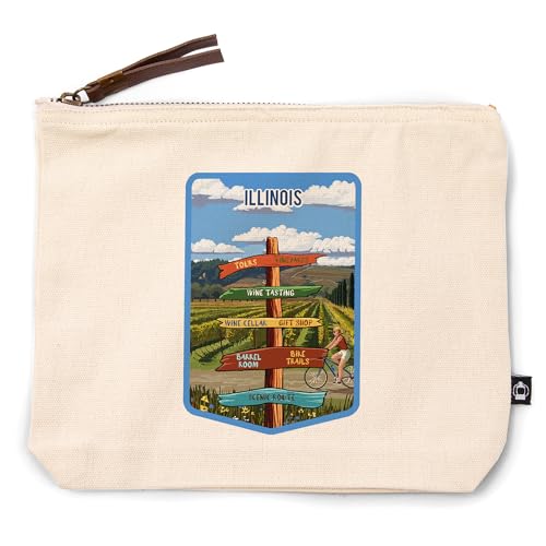 Lantern Press Illinois, Signpost, Vineyard, 100% Cotton Zipper Pouch, Travel Accessory, Go Bag
