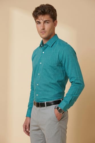Image of Peter England Men's Slim Fit Full Sleeve Formal Textured Solid Shirt | Festive Duo-Tone Colour | 100% Cotton