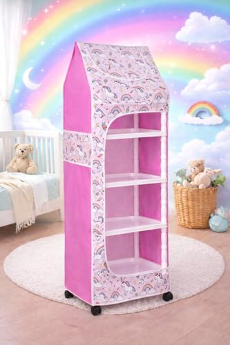 Image of YouCopia Baby Wardrobe Plastic Kids Storage Rack with Fabric Cover & Wheels | 6-Tier Plastic Shelves Organizer | Toy, Book & Clothes Storage Cabinet for Kids Room (Unicorn)
