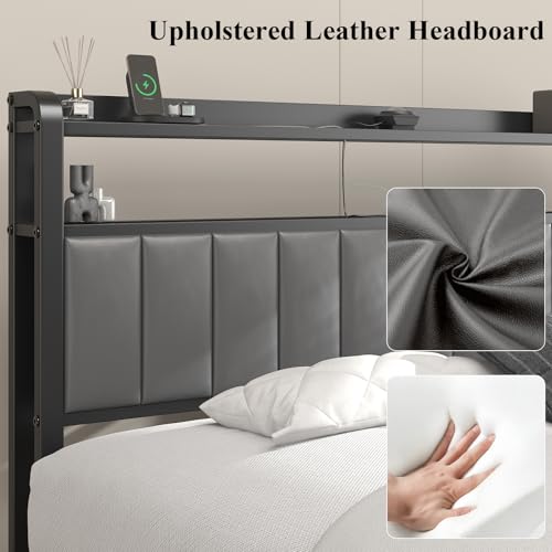 Image of Queen Size Bed Frame with Star Projector & Charging Station, PU Leather Upholstered Platform with 2-Tier Storage Headboard & Storage Ottoman, Metal Support, Noise-Free, No Box Spring Needed, Grey