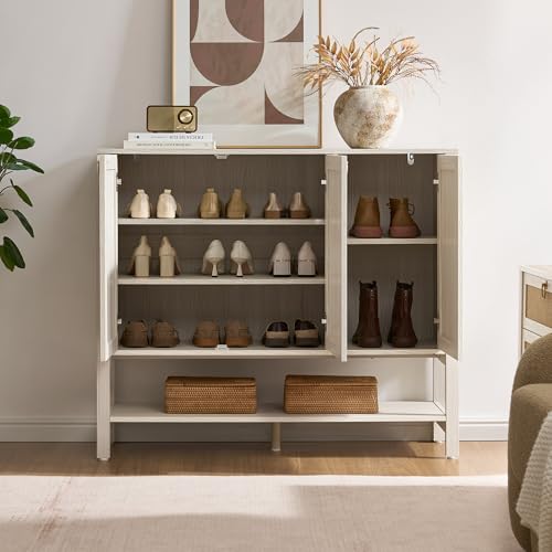 Image of SICOTAS Rattan Shoe Cabinet with Storage - 2 Pieces Large Boho Shoe Organizer with 3 Doors & Adjustable Shelves, Tall Farmhouse Shoe Rack Cabinet for Entryway, Hallway, Living Room (White)