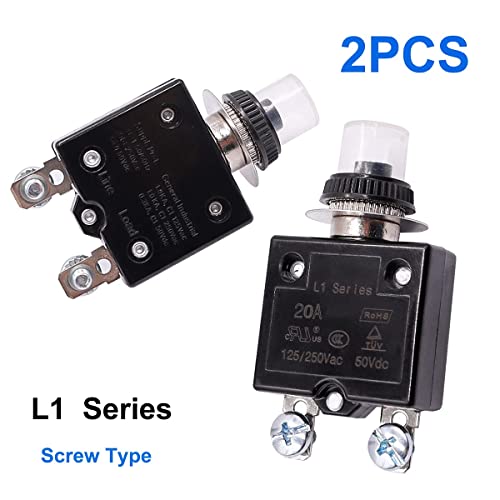Mxuteuk 2Pcs 20Amp Circuit Breakers Push Button Manual Reset 125/250V Ac 50V Dc, L1 Series Overload Protector Switch Thermal Circuit Breakers With Waterproof Button Caps L1-Ls-20A #TOP1