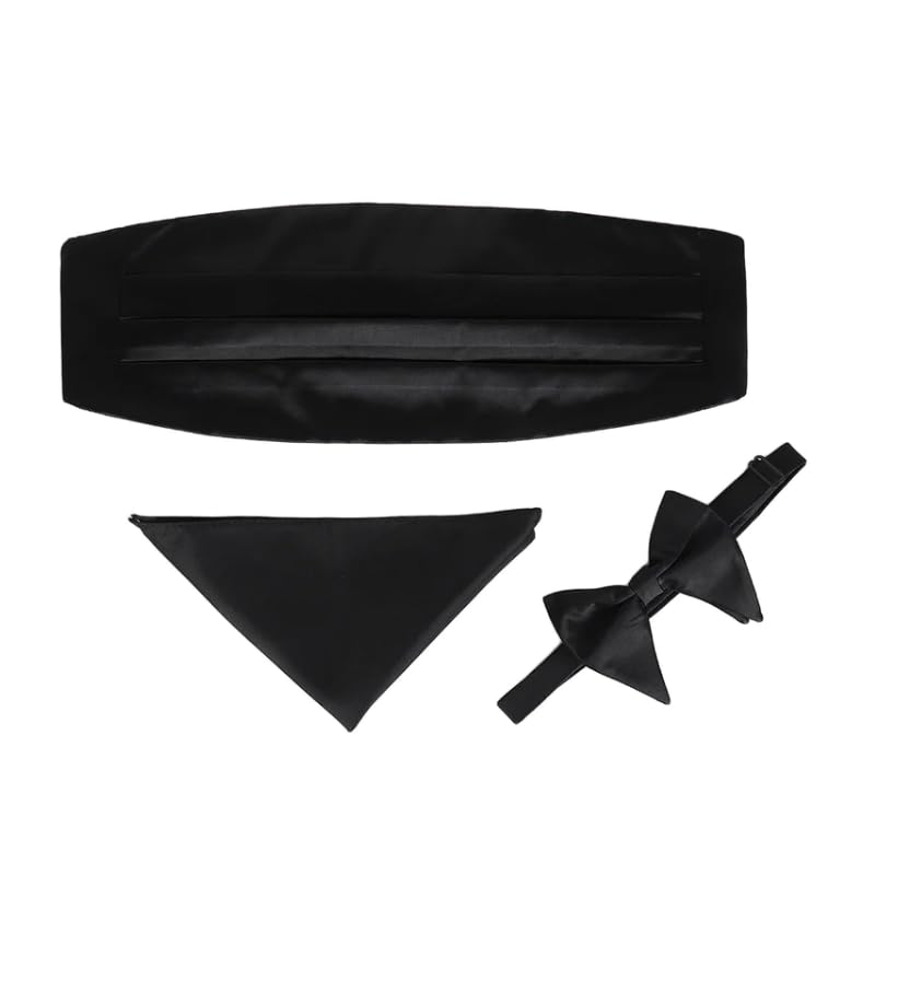 Premium Cummerbund Big Bow Tie Pocket Square Black Satin Combination For Men Formal Occasion Wear Black Cummerbund Big Bow Tie Pocket Square