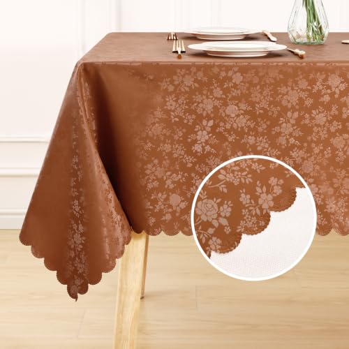 Image of Smiry Rectangle Waterproof Heavy Duty Vinyl Tablecloths, 52 x 70 Inch | Wipeable Washable Floral Embossed Table Cover for Kitchen and Dining Room, Indoor & Outdoor Use, Caramel