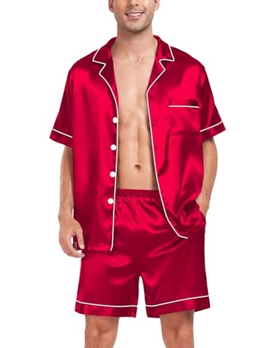 Image of SWOMOG Satin Matching Pajamas Sets Couple Silk Button Down Nightwear Women & Men Short Sleeve Sleepwear 2 Pieces Loungewear