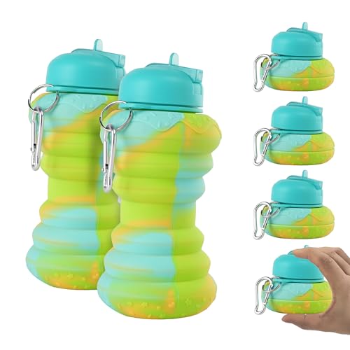 Image of Kuber Industries Pack of 6 Collapsible 600 ml Silicone Water Bottle With Flip Cap | Lightweight & Portable School Water Bottle - Ideal For Travel & Gym | Green