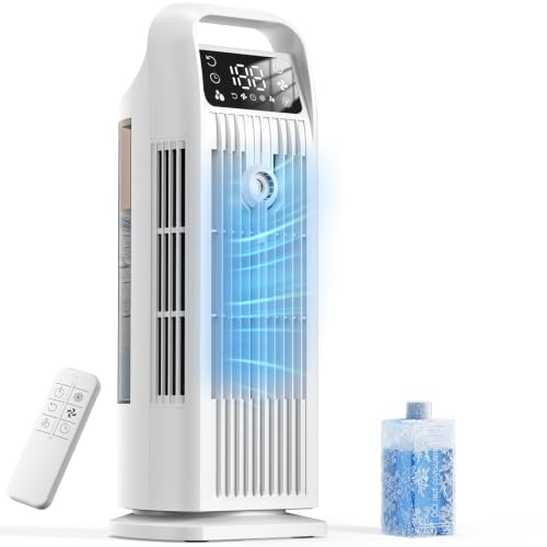 Image of Portable Air Conditioner, 4 in 1 Evaporative Air Cooler with Remote Control, 1200ML Water Tank, 120 Oscillating, 4 Speeds, 12H Timer, Mist Spray Tower Fan for Home Office, White