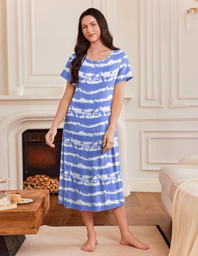 Ekouaer 3 Pack Long Nightgowns for Women Full Length Short Sleeve Nightshirt Soft Plus Size Sleepwear Casual Loungwear2