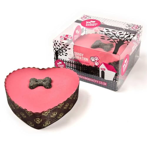 The Barking Bakery Dog Birthday Cake Treats | Heart Shaped Dog Cake with Pink Yoghurt Topping |Dog Treat for Dog Birthday Party | Meat-Free | Baked in the UK |220g