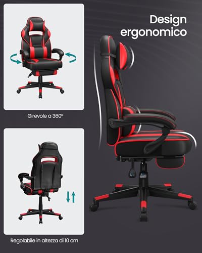 Sedia da Ufficio, Poltrona Racing Ergonomica, Poggiapiedi Telescopico, Schienale Inclinabile, Poggiatesta e Supporto Lombare, Portante di 150 kg, Nero Inchiostro e Rosso Fragola OBG73BRV1 - Sedia gaming - Immagine 5