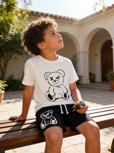 Image of KIDLAGA Kids Toddler Boy Clothes Outfits Bear Print Tee + Plaid Shorts 2 Pieces Summer Shorts Set
