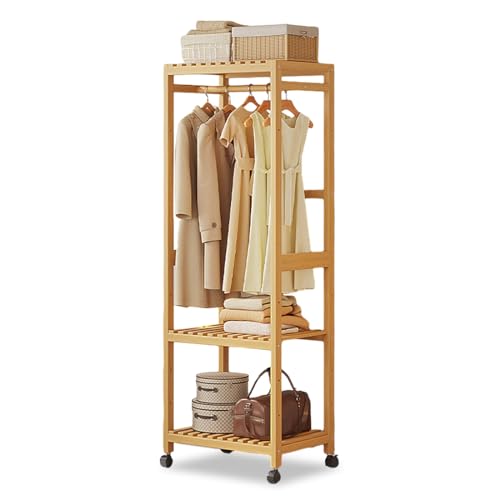 Simcat ハンガーラック コートハンガー 物干しラック ワードローブ 木製 頑丈 キャスター付き フック付き 棚付き 耐荷重100kg 洋服掛け 衣類収納 部屋干し 衣類ハンガー 寝室/玄関/家庭用 組立簡単 省スペース 大容量 倒れにくい土台(原色・