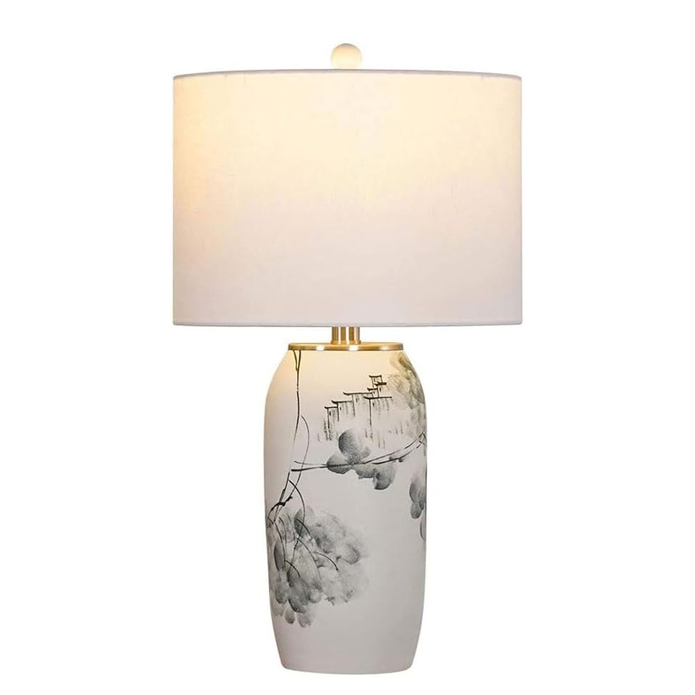 Elegante Lámpara De Mesa Cerámica Pintada A Mano Con Pantalla Tela - Ideal Para Dormitorio, Sala Estar Y Estudio Accesorio Iluminación Interior E26