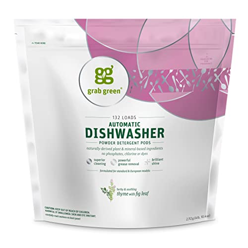 Grab Green Automatic Dishwashing Detergent Pods, 132 Count, Thyme Fig Leaf Scent, Plant and Mineral Based, Superior Cleaning, Powerful Grease Removal,