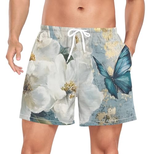 Butterfly Floral White Retro Mens Swim Trunks with Liner, Cool Quick Dry Beach Swim Shorts, Swimwear Bathing Suits S