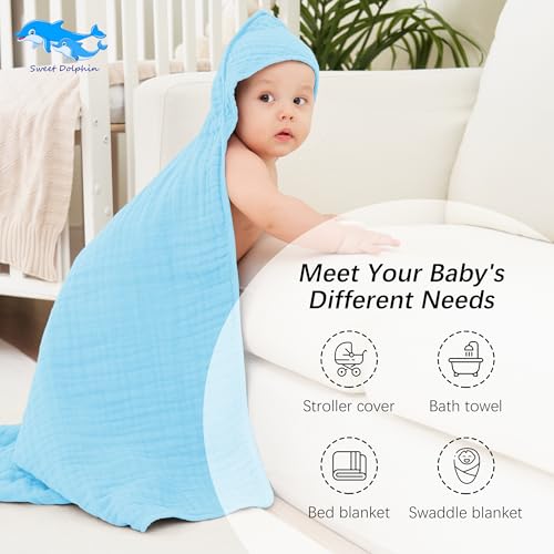 Image of SWEET DOLPHIN Muslin Hooded Baby Bath Towels - 2 Pack 100% Cotton Towel for Babies, Infants, Toddlers - 32x32Inch - Highly Absorbent and Newborn Essential, Blue