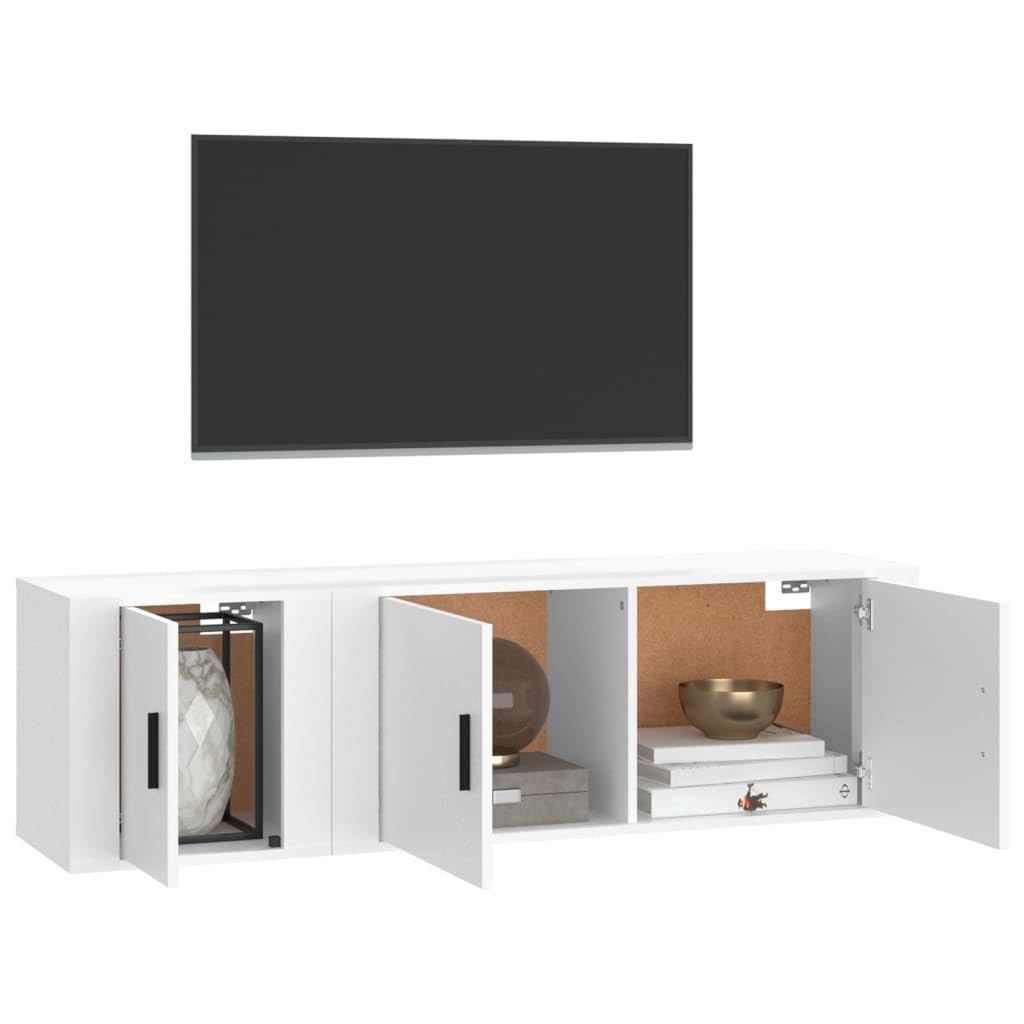 2-TLG. TV-Schrank-Set Weiß, Holzwerkstoff, Wandmontage, Modernes Media Center für Wohnzimmer, Robuste TV-Konsole mit Türen, Viel Stauraum