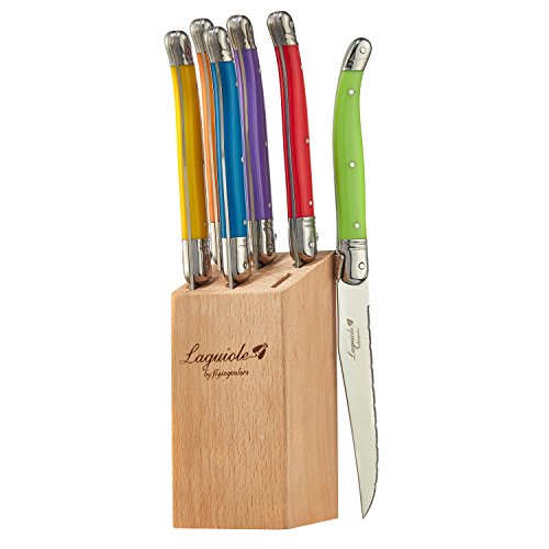 Laguiole By FlyingColors Steak Knife Set, Micro Serrated Blade, Stainless Steel, Wood Block, MultiColor Handle, 6 Pieces