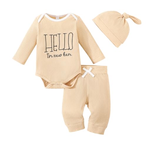 Image of EVERGIFTKIDS Newborn Baby Boy Clothes Coming Home Outfits Letter Print Ribbed Knitted Cotton Long-Sleeved Romper Pants Set