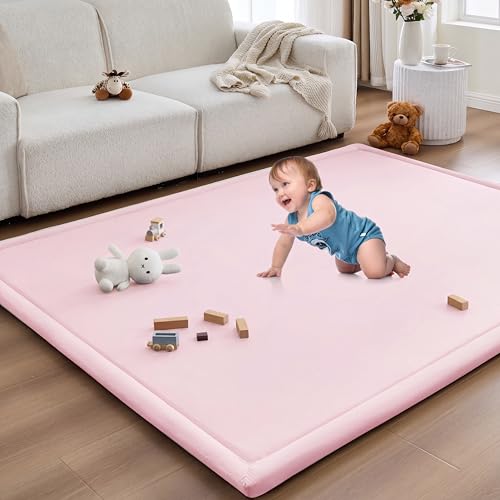 Image of Baby Play Mat for Floor Nursery Rug Muscle Area Playroom Rug Elastic Foam 59x79 inch Playpenmat Elastic Foam 1.3 inch Thick Crawling Mat for Babies,Toddlers, Infants, Kids(Plaid Light Pink)