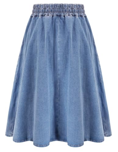 KANCY KOLE Women's High Waist A-Line Jean Denim Skirt Elastic Casual Skirts w Pockets XXL Wash Blue — view 3