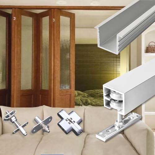 Adjustable Bifold Door Track Kit - Barn Door Hardware with Top & Bottom Tracks, Sliding Pulley System for 2 Closet Doors (6.6ft/2m, 2-Door, One Side)