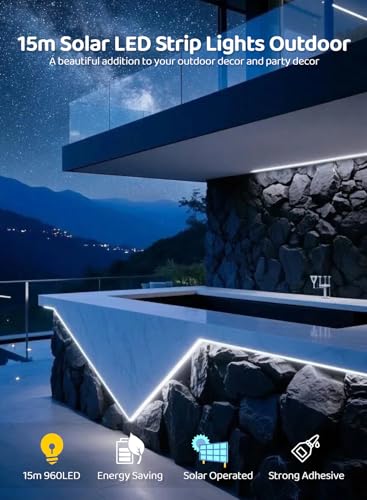 Image of Gaoxun 50ft Solar LED Strip Lights Outdoor, 960 LED, Cool White Flexible Rope Light with Remote Control, Dimmable, 8 Modes, IP68 Waterproof Self-Adhesive Accent Lighting for Step Camping Pathway Decor