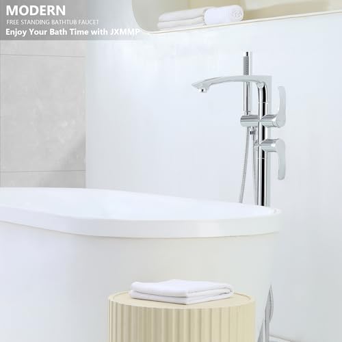 JXMMP Free Standing Bathtub Faucets, Shiny Chrome Stainless Steel Floor Mount Tub Filler with 360 Rotating Spout and Hand Shower, High Flow Silver Faucet for Bath Tub JXM-F001CP by JXMMP - Used condition - Image 6