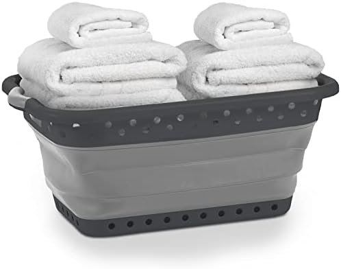 Pop & Load Collapse & Store 1 Large 25" Slim Collapsible Plastic Laundry Basket, Space Saving Portable Pop Up Storage & Organization Basket, 3" High When Folded, Dual Comfort Grip Handles, Black