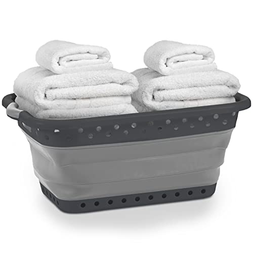 Pop & Load Collapse & Store 1 Large 25" Slim Collapsible Plastic Laundry Basket, Space Saving Portable Pop Up Storage & Organization Basket, 3" High When Folded, Dual Comfort Grip Handles, Black #TOP18