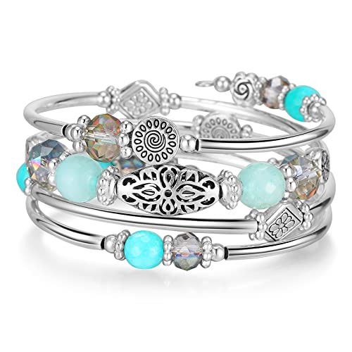 Fulu Autumn Stackable Beaded Bracelets For Women Boho Wrap Silver Bracelet Layered Fashion Jewelry Gifts For Her (Turquoise) #TOP21